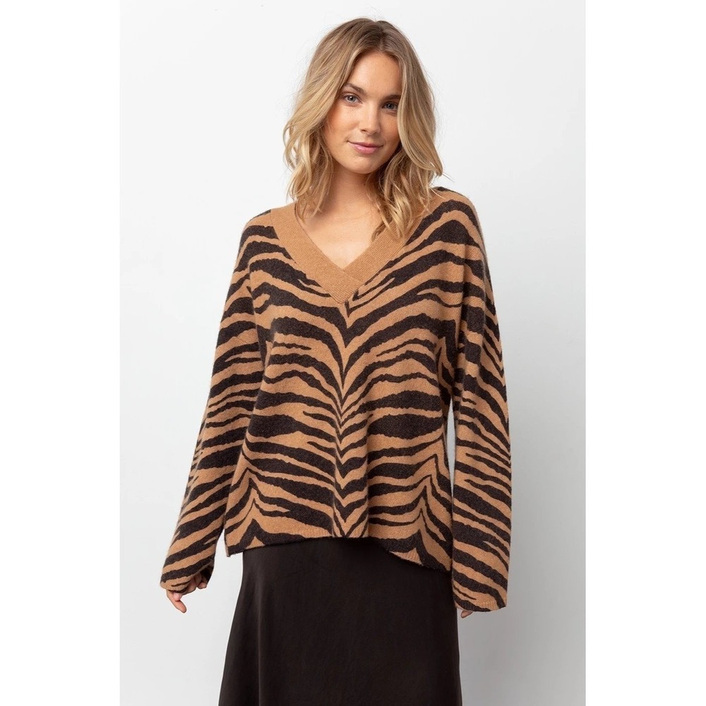Rails Tleanor Chestnut Tiger Stripe Sweater V-Neck Wool‎ Cashmere Blend Size S